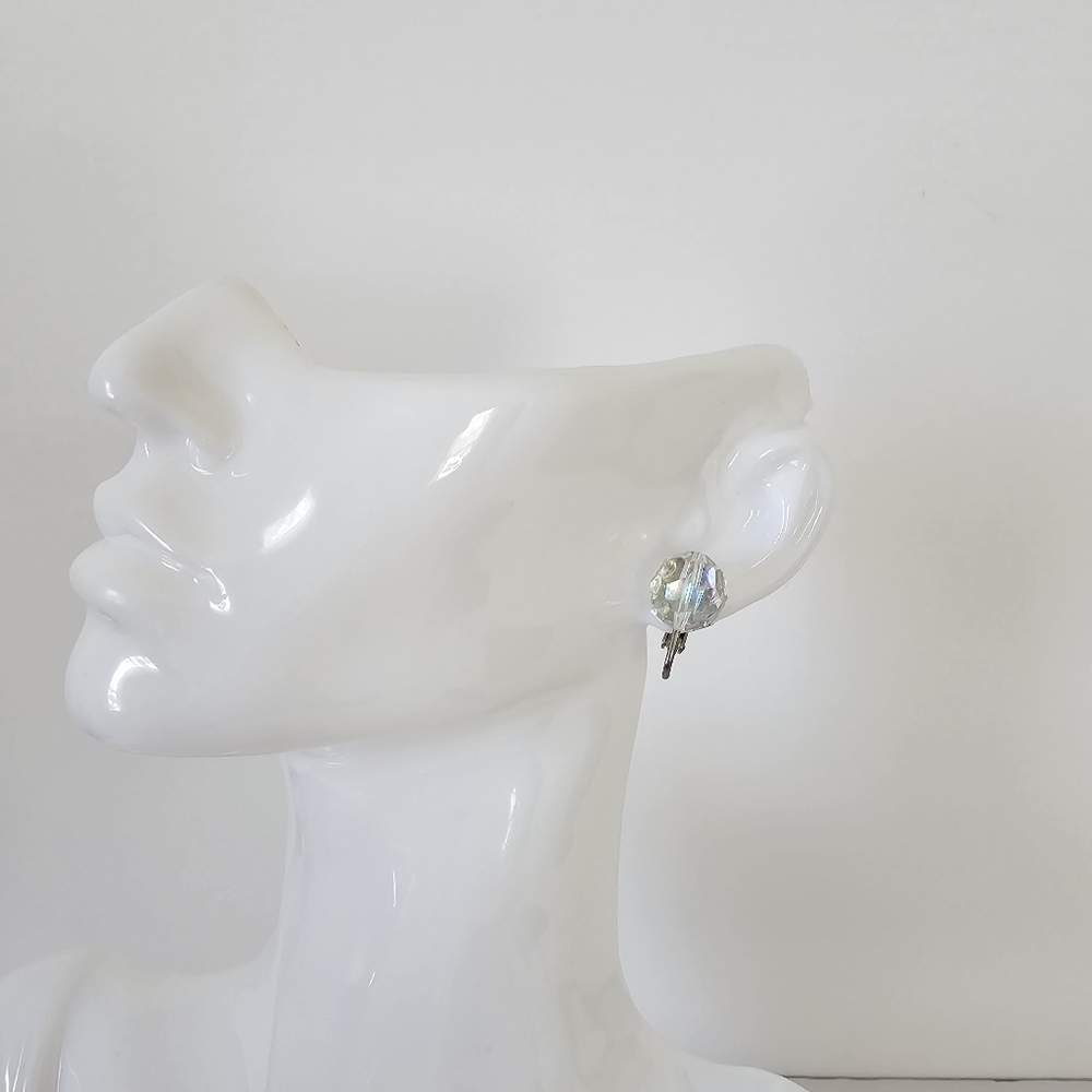 Vintage Aurora Borealis AB Glass Crystal Clip On Earrings Faceted Iridescent